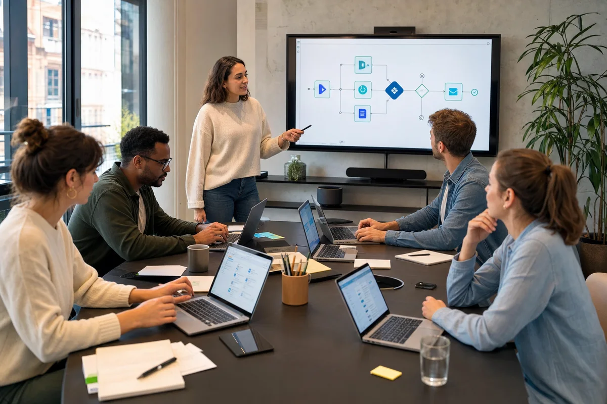 Illustration 3D d'une équipe réunie autour d'un atelier IA